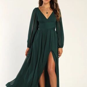 Enchant My Love Emerald Green V-Neck Long Sleeve Maxi Dress